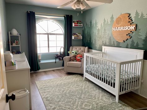 Green Star Wars Nursery, Forest Moon Of Endor Nursery, Start Wars Nursery, Star Wars Endor Bedroom, Star Wars Nursery Boys, Mandalorian Nursery Ideas, Star Wars Theme Nursery, Neutral Star Wars Nursery, Endor Themed Room