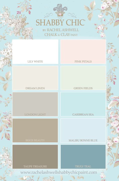 Introducing SHABBY CHIC® by Rachel Ashwell Chalk and Clay Paint - Bungalow 47 Shabby Chic Bedrooms Decorating Ideas, Shabby Chic Color Palette, Chic Color Palette, Camera Shabby Chic, Muebles Shabby Chic, Shabby Chic Colors, Chic Bedrooms, Styl Shabby Chic, Shabby Chic Decor Bedroom