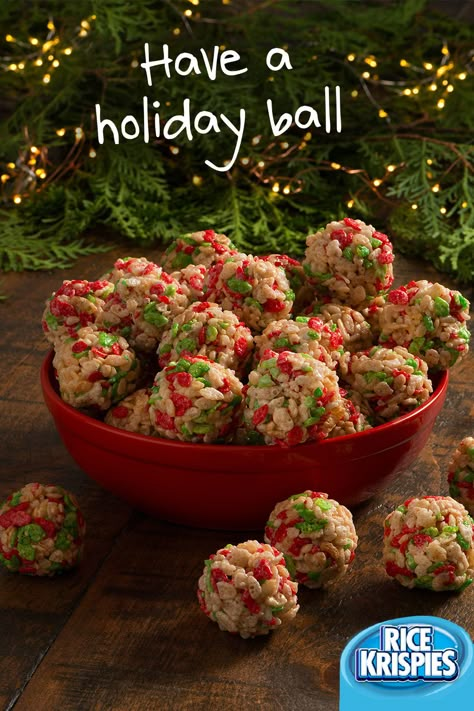 Making holiday treats with Rice Krispies® cereal is a ball! These treats are perfect for family gatherings this holiday season. #RiceKrispies #HolidayBaking #EasyHolidayTreats #EdibleGifts #Ornaments Rice Krispie Balls Christmas, Christmas Rice Krispie Balls, Rice Crispy Balls Christmas, Rice Krispie Squares Christmas, Rice Crispy Squares Christmas, Holiday Rice Krispie Treats Christmas, Rice Krispie Christmas Treats, Christmas Rice Krispie Treats Ideas, Rice Krispies Balls