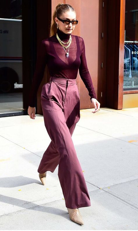 Feng shui fashion: wood element | HOWTOWEAR Fashion Monochromatic Outfit Fall, Nordic Fashion, Gigi Style, Gigi Hadid Outfits, Color Outfits, Gigi Hadid Style, Monochromatic Fashion, Burgundy Outfit, Famous Outfits