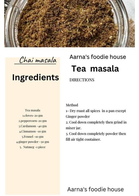 Chai Masala, Masala Spice, Spice Mix Recipes, Paste Recipe, Powder Recipe, Masala Recipe, Recipe Card, Spice Blends, Spice Mixes