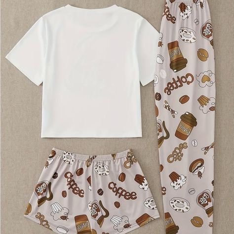 Women’s 3 Piece Coffee Pajama Set Pj’s ~ L Pants, Shorts & T-Shirt Pajamas Coffee Pajamas, Ella Jane, Pj Outfit, Summer Holiday Outfits, Cute Pjs, Cute Sleepwear, Cute Pajama Sets, Pajama Outfits