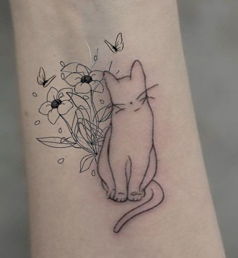 Cat Outline With Flowers Tattoo, Cat With Roses Tattoo, Cat And Flower Tattoo Simple, Cat Tattoo Designs With Flowers, Cat Sniffing Flowers Tattoo, Cat Smelling Flowers Tattoo, Cat Silhouette Tattoos With Flowers, Sunflower And Cat Tattoo, Cats And Flowers Tattoo