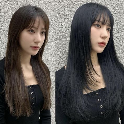 Straight Hair With Bangs Asian, Asian Bangs Long Hair Straight, Bangstyle Hair Long Asian, Asian Bangs Hairstyles, Korean Full Bangs, Asian Bangs Long Hair, Hairstyle For 2023, Brown Hair Makeover, Korean Hair Ideas