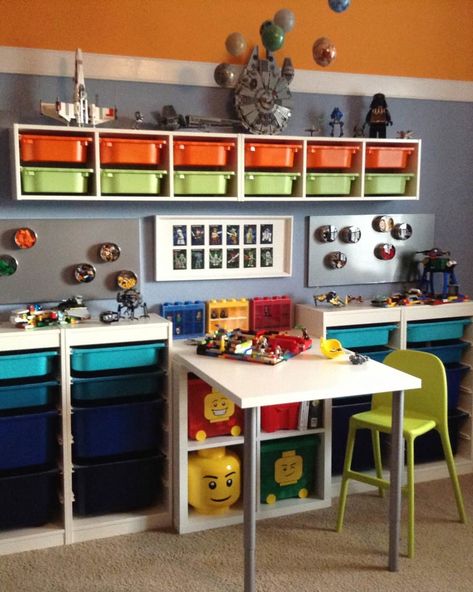 Kids Rooms Using IKEA Trofast Storage | Apartment Therapy Playmobil Storage Ideas Ikea, 3 Kids In One Room Ikea, Boys Ikea Bedroom Ideas, Ikea Trofast Kids Room, Trofast Combination, Playmobil Storage Ideas, Ikea Trofast Desk, Ikea Trofast Ideas, Lego Storage Ideas Ikea