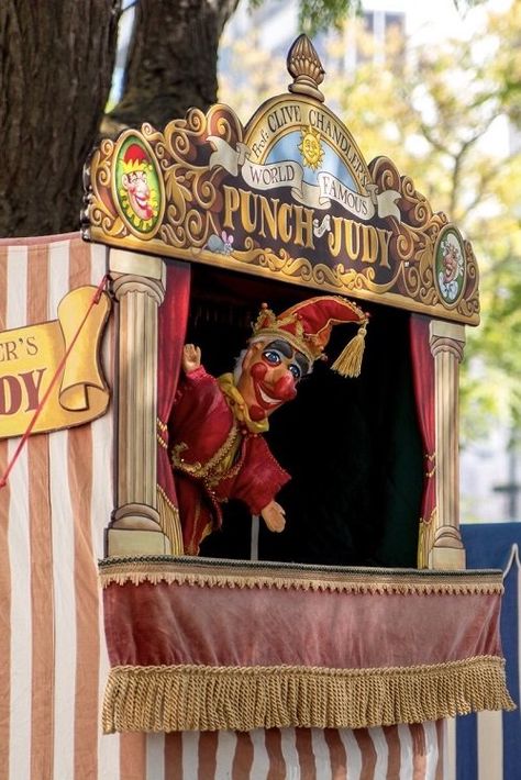 Punch And Judy Puppets, Puppet Show Theater, Stage Inspiration, Old Theater, Haunted Circus, Haunted Carnival, Creepy Circus, Circus Aesthetic, Creepy Carnival