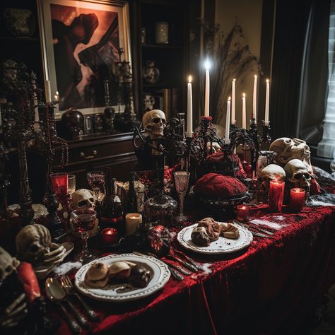 Hannibal Lecter Dinner Table, Dark Halloween Party Decor, Vampire Table Decor, Vampire Dinner Table, Horror Dinner Party, Gothic Romance Party, Goth Tea Party Aesthetic, Dining Room Table Ideas Decor, Gothic Birthday Decorations