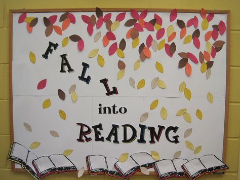 Fall into Reading bulletin board Fall Into Reading, Fall Library Displays, Book Bulletin Board, School Library Bulletin Boards, October Bulletin Boards, November Bulletin Boards, Elementary Bulletin Boards, Library Bulletin Board, Reading Bulletin Boards