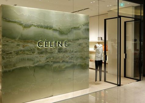 Celine - Marble Retail Celine Store, Store Signage, Store Concept, Jewelry Store Design, Shop Front Signage, Showroom Interior Design, Store Interiors, Store Windows, Retail Store Design