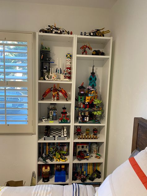 Lego Shelf, Sensory Bedroom, Lego Bedroom, Lego Organization, Tall Shelves, Lego Display, Teen Boy Room, Lego Room, Lego Storage