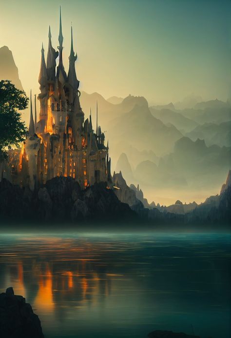 Elven Castle, Fantasy Landscape Art, Castle Medieval, Fantasy Locations, Dragon Castle, Castle Exterior, Mists Of Avalon, Castle Painting, Castle Aesthetic