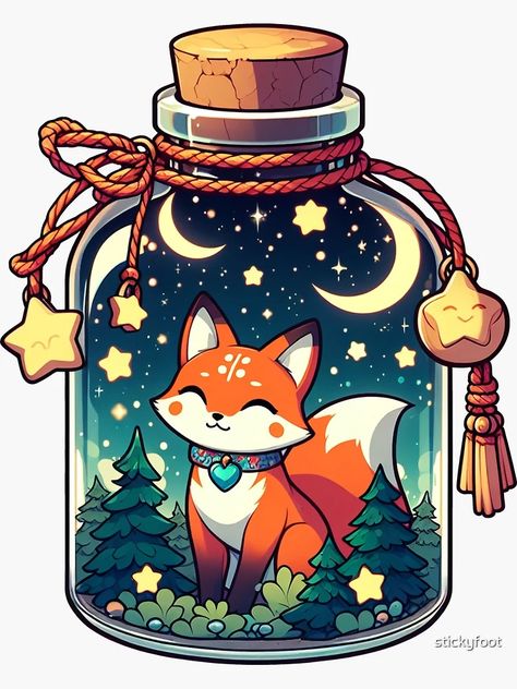 Kitsune Cute Art, Cute Bottle Drawing, Fox Drawing Cute, Cute Kitsune, Cute Animal Stickers, Drawing Kawaii, Illustration Stickers, Cottage Core Art, Animals Stickers