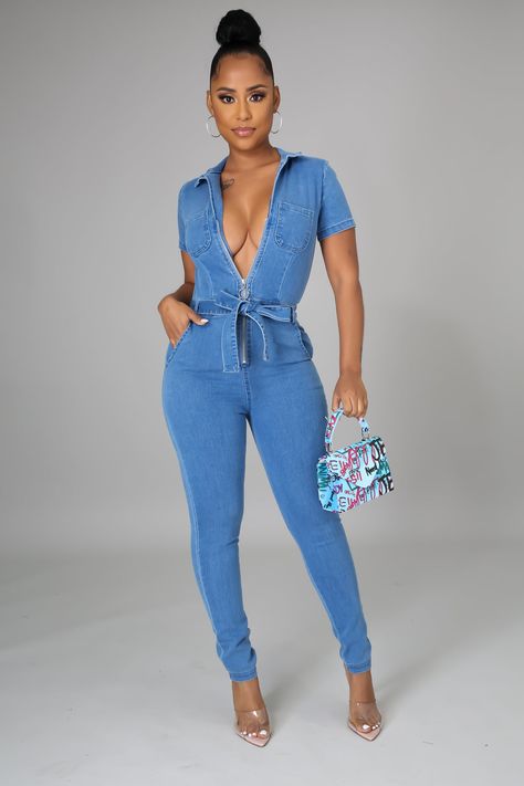 Stretch Collar neckline  Zipper closure Belt 74% Cotton 23%Polyester 3% Spandex Pockets Inseam 31 inch Hand wash cold water  model is wearing Small Jumpsuits Outfit, Short Sleeve Denim Jumpsuit, Night Out Tops, Short Sleeve Jumpsuits, Denim Romper, Blue Denim Shorts, Clothing Tags, Jumpsuit With Sleeves, Denim Jumpsuit