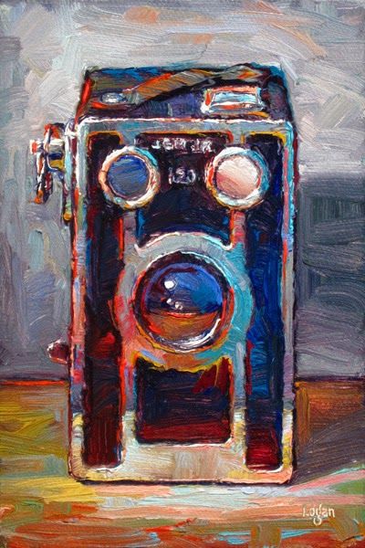 Raymond Logan's Dailies Vintage Camera Painting, Camera Oil Painting, Watercolour Objects, Object Painting, Camera Painting, Thick Paint, Camera Art, Box Camera, New Painting