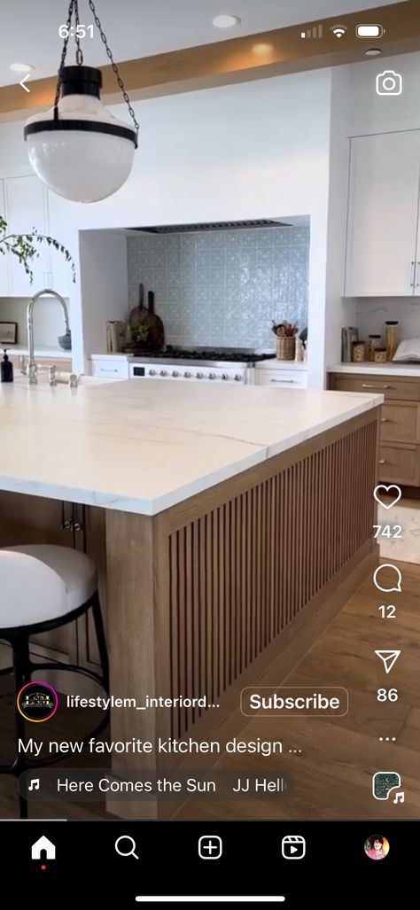 Flat Panel Kitchen Island, Tambour Kitchen Island, Kitchen Island Slats, Fluted Wood Island, Pole Wrap Island, Kitchen Island End Panels, Kitchen Island Ends, Dubai Apartment, Walnut Kitchen Island