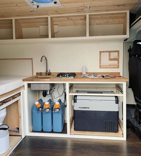 Van Food Storage, Camper Van Kitchen Diy, Van Build Kitchen, Camper Van Build Ideas, Van Clothing Storage, Camper Van Kitchen, Astuces Camping-car, Kangoo Camper, Camping Trailer Diy