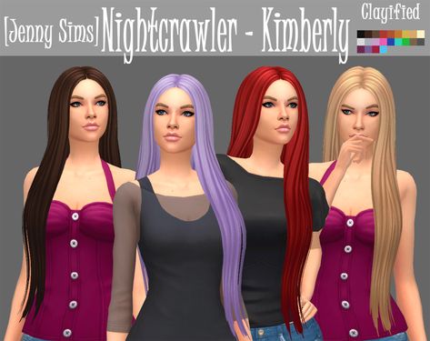 Nightcrawler Kimberly Hair Clayified by Jenny Sims @darkosims3 Kimberly Hair Clayified Comes in all 18 EA colors/textures, plus 4 extra colors. I decided to play around with colors a little.  * You... Kimberly Hair, Sims 4 Mm Cc, Sims 4 Mm, Sims Four, Sims 4 Collections, Sims Hair, Goth Dress, Sims 4 Cas, Sims 4 Game