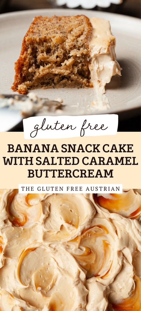 Topped with salted caramel buttercream, this gluten free banana snack cake is easy to make and a crowd pleaser for sure. Made with brown butter and packed with banana flavor, this cake with a fluffy texture may be the best way to use up those ready-to-use bananas on your counter. Gluten Free Banana Cake, Banana Snack Cake, Salted Caramel Buttercream, Banana Dessert Recipes, Cookies Gluten Free, Caramel Buttercream, Gluten Free Bakery, Gluten Free Banana, Gluten Free Desserts Recipes