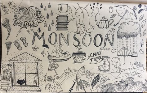 Cause it's monsoon time, hence doodling time!   Monsoon. Doodle. Rain. Cloud. Umbrella. Monsoon Poster Design, Monsoon Doodle Art, Monsoon Painting Ideas, Monsoon Sketch, Monsoon Doodle, Monsoon Drawings Ideas, Rain Aesthetic Drawing, Monsoon Drawings, Rain Doodle