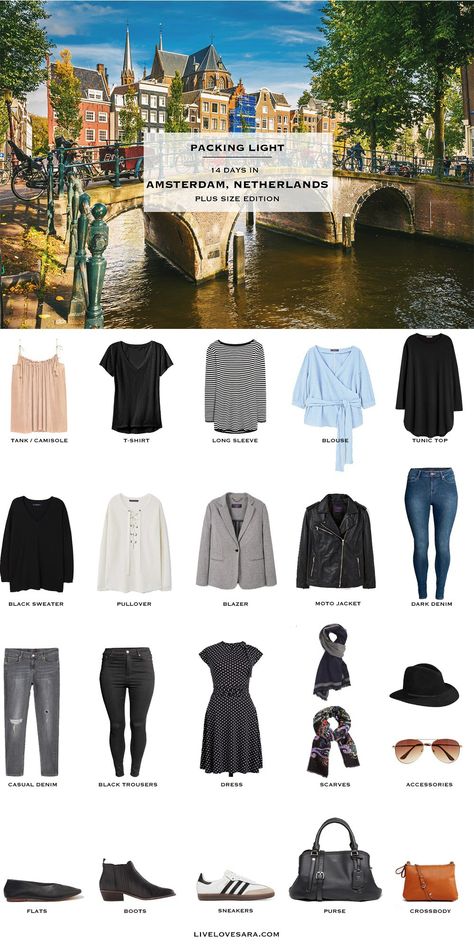 What to Pack for Amsterdam, Berlin, and Paris Plus Size Edition Packing Light List #packinglist #packinglight #travellight #travel #livelovesara Plus Travel Outfits, Plus Size Travel Outfits, Travel Outfit Plus Size, Plus Size Travel, Plus Size Minimalist Wardrobe, Winter Travel Outfit, Travel Capsule Wardrobe, Travel Capsule, Minimalist Capsule Wardrobe