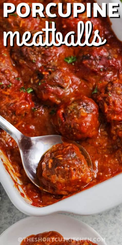 Make this easy porcupine meatballs recipe with a savory tomato sauce. Betty Crocker Porcupine Meatballs, Porcupine Meatballs Easy Oven, Oven Porcupine Meatballs, Porkie Pine Meatballs Ground Beef, Rice Tomato Soup, Porcupine Recipe, Baked Porcupine Meatballs, Meatball Meals, Hamburger Meat Recipes Ground