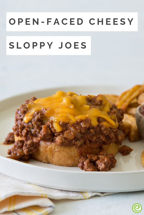 Open-Faced Cheesy Sloppy Joes | eMeals.com Open Face Garlic Toast Sloppy Joes, Sloppy Joe On Garlic Bread, Open Face Sloppy Joe, Open Faced Cheesy Sloppy Joes On Garlic Bread, Garlic Bread Cheesy Sloppy Joe Bake, Open Faced Sloppy Joes, Manwhich Sloppy Joes, Meals To Make At Home, Cheesy Sloppy Joes