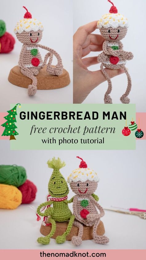 Crochet Gingerbread Man free pattern ⋆ The Nomad Knot Crochet Gingerbread Amigurumi, Free Crochet Patterns Ornaments, Ginger Bread Crochet Free Pattern, Ginger Bread Man Crochet, Winter Crochet Amigurumi Patterns Free, Christmas Garland Crochet Pattern, Crochet Christmas Placemats Free Pattern, Christmas Coasters Crochet Free Pattern, Gingerbread Man Crochet Patterns Free