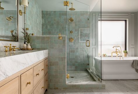 Half Wall Shower, Open Bathroom, Pony Wall, Window In Shower, Half Walls, Interior Tiles, Seattle Homes, Transitional Bathroom, Large Shower