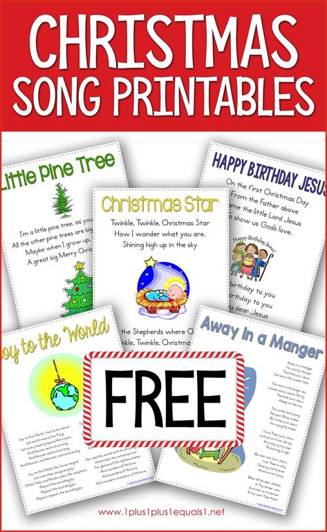 Use this free set of Christmas Song printables with your kids during the Christmas season. Songs included: Away in a Manger, Joy to the World and some special songs just for younger kids. #1plus1plus1 #christmassongs #christmasprintables #christmasideasforkids #christmasforkids #christmasactivities #christmasactivitiesforkids Pre K Christmas Program Ideas, Christian Christmas Songs For Kids, Preschool Christmas Songs For Program, Christmas Songs For Preschoolers, Joy To The World Lyrics, Preschool Christmas Songs, Christmas Printables For Kids, Winter Boards, Christian Christmas Songs