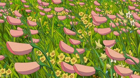 Flowers Notion Header, Pink Banner Gif Aesthetic, Notion Header Gifs, Howls Moving Castle Gif Wallpaper, Wallpaper Gif Pc Ghibli, Notion Cover Aesthetic Studio Ghibli Gif, Ghibli Flower Field, Wallpaper Gif Aesthetic, Grass Animation