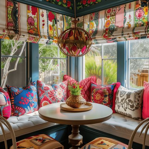 Bohemian Teal Breakfast Nook in Vibrant Multicolor Accents [Room Concept] Bohemian Banquette Seating, Bright Breakfast Nook, Bohemian Breakfast Nook, Morning Meals, Bohemian Living Room Decor, Room Concept, Wallpaper Walls Decor, Boho Interiors, Banquette Seating