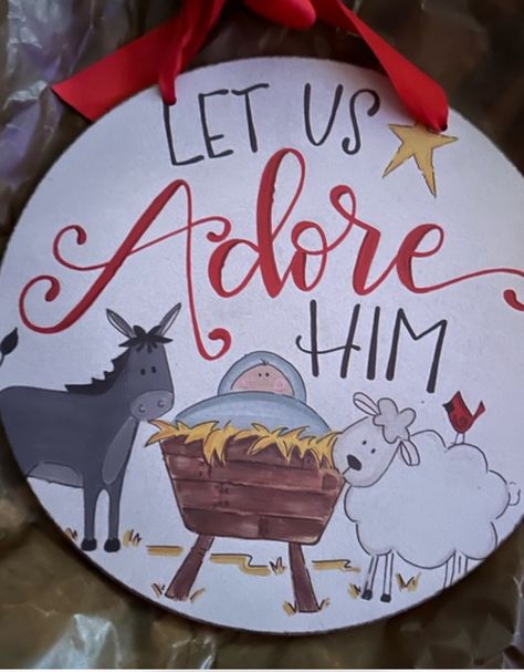 Round Wood Signs Door Hangers Christmas, Cardinal Door Hanger, Christmas Painted Door Hangers, Wood Christmas Door Hangers, Painted Christmas Door Hangers, Nativity Door Hanger, Christmas Wood Door Hangers, Hand Painted Ornaments Wooden, Thanksgiving Door Hangers