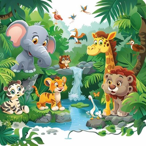 A poster with animals a picture of animals in the cartoon jungle background | Premium AI-generated image Cartoon Jungle Background, Picture Of Animals, Cartoon Jungle, Jungle Images, Jungle Clipart, Jungle Animal Art, Birthday Animals, Jungle Background, Jungle Scene