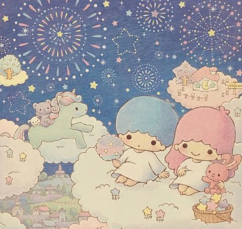 Sanrio Fireworks, Lala Sanrio, Sanrio And Friends, Kiki Lala Wallpaper, Lala Wallpaper, Little Star Twins, Twin Stars Sanrio, Star Twins, Sanrio Love