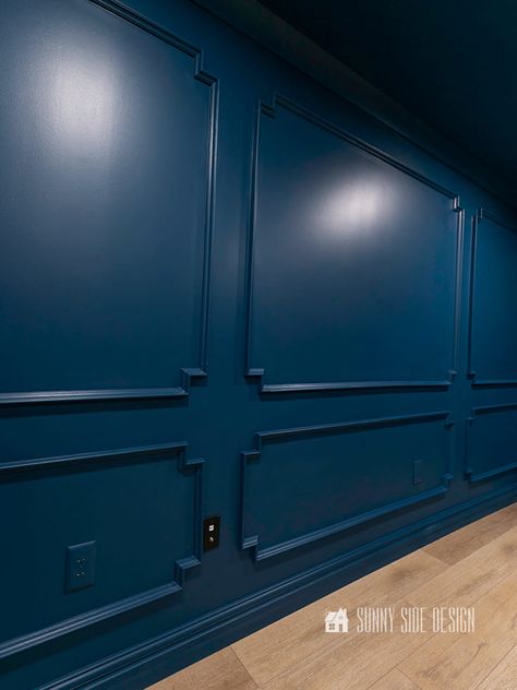 Finished dark blue painted picture frame mould walls Royal Blue Wall Paint, Dark Blue Wall Paint, Blue Wainscoting, Midnight Blue Walls, Dream Estate, Royal Blue Walls, Wall Molding Design, Half Painted Walls, Blue Painted Walls