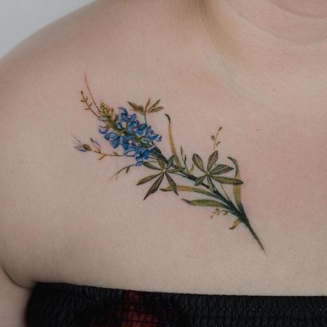 Bluebonnet Bouquet Tattoo, Small Texas Themed Tattoos, Texas State Flower Tattoo, Texas Blue Bonnet Tattoo, Bluebonnet Tattoo Small, Texas Bluebonnet Tattoo, Texas Tattoo Ideas For Women, Bluebonnet Tattoos, Texas Wildflower Tattoo