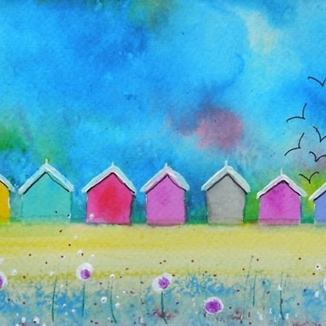 Beach Huts Beach Hut Art, Beach Hut Applique, Beach Hut Paintings Seaside, Fused Glass Beach Hut, Beach Huts Art Watercolour, Beach Huts Art, Felt Material, Beach Hut, Mixed Media Painting