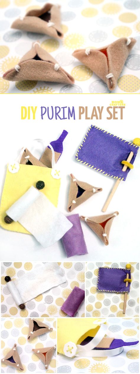 Make an adorable purim play set from felt! This DIY toy for the holiday of Purim includes hamantaschen, a megillah, a food package with "grape juice", and a gragger/noisemaker. It's an adorable DIY toy for toddlers and great for introducing the Jewish holidays to young kids. Purim Crafts Preschool, Purim Preschool, Judaica Crafts, Purim Mishloach Manot, Purim Crafts, Teacher Meeting, Purim Ideas, Jewish Preschool, Mishloach Manos