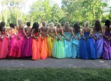 Rainbow bridesmaid dresses!<3 Rainbow Bridesmaid Dresses, Rainbow Bridesmaids, Rainbow Wedding Theme, Rainbow Wedding Dress, Prom Goals, Homecoming Pictures, Football Homecoming, Prom Couples, Prom Photography