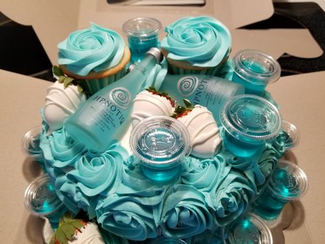 One of my fully loaded cakes......  hypnotic mini's.....cupcakes........matching jello shots!! Vanilla cake with vanilla buttercream!!! Alcohol Cake Ideas, Alcohol Cakes, Booze Cake, Alcohol Birthday Cake, Liquor Cake, Alcohol Cake, Cake Beautiful, Coconut Cake Recipe, 21st Birthday Cakes