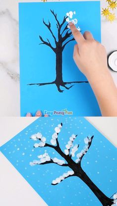 This simple winter tree finger painting activity is great for kids of all ages but I think preschoolers and kids in kindergarten will enjoy it the most!