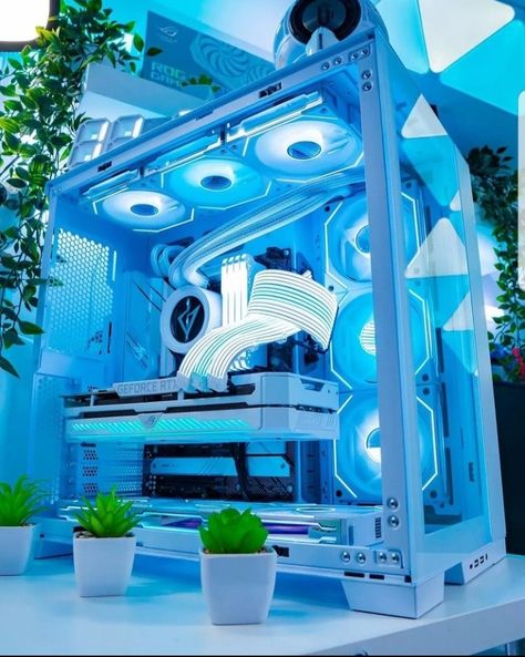 White And Blue Pc Build, Blue Gamer Aesthetic, Best Pc Setup, Gaming Bedroom Ideas, Gaming Computer Room, Crypto Portfolio, Ultimate Gaming Setup, Pc Gaming Desk, Games Room Inspiration