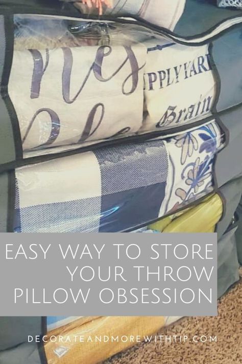 Store Pillows How To, Storage For Throw Pillows, How To Store Seasonal Pillows, Decorative Pillow Storage Ideas, Storing Throw Pillows, Storing Pillows And Blankets Ideas, Decorative Pillow Storage, How To Store Extra Pillows, How To Store Decorative Pillows