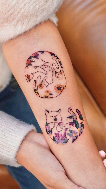 Fluffy Tattoo, Cat Flowers Tattoo, Flower Animal Tattoo, 2 Cat Tattoo, Cat Tattoo With Flowers, 3 Cat Tattoo, Flower Cat Tattoo, Two Cat Tattoo, 3 Cats Tattoo