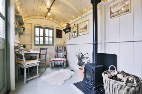 Hut Interior, Shepherds Hut For Sale, Small Wood Burning Stove, Summer House Interiors, Shepherd Hut, Group Holiday, Small Stove, Wood Trees, Shed Interior