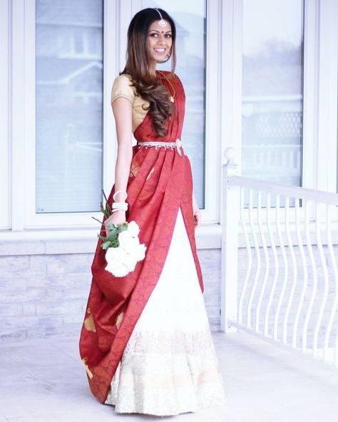 Trending dupatta draping style ideas | Draping sari as dupatta | South Indian bride | Bridal Couture | Bridal look inspiration | Silver kamarband | photo credits: Tia Bhuva | Every Indian bride’s Fav. Wedding E-magazine to read. Here for any marriage advice you need | www.wittyvows.com shares things no one tells brides, covers real weddings, ideas, inspirations, design trends and the right vendors, candid photographers etc. Double Dupatta Draping Styles, Bridal Dupatta Draping, Bridal Dupatta Draping Styles, Tia Bhuva, Dupatta Draping Styles, Dupatta Draping, Draping Styles, Saree Drape, Bridal Dupatta