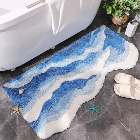 Blue Wave Rug 47 x 24 Inch Tufted Ocean Waves Area Rug Ocean Rug with Nonslip Backing Coastal Bathroom Rugs Washable 3D Waves Bath Mats for Home Living Room Bathroom Bedroom Kitchen Decor Bathroom Area Rugs, Wave Rug, Ocean Themed Bathroom, Ocean Bathroom, Ocean Rug, Rugs Washable, Coastal Bedroom Decorating, Coastal Bathroom, Bathtub Mat