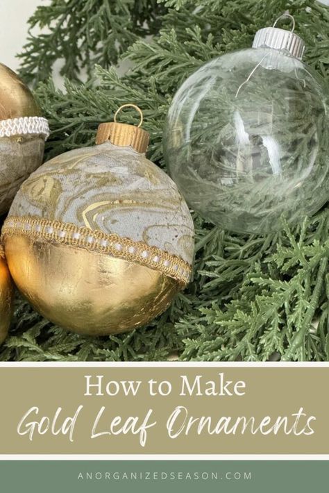 Do you like to DIY holiday decor? Learn how to make gold leaf Christmas ornaments that will add a warm, metallic shimmer to your tree! Gold Leaf Ornaments, Gold Leafing, Leaf Ornament, Cone Christmas Trees, Fabulous Diy, Diy Holiday Decor, Diy Home Improvement, Diy Holiday, Ornaments Diy