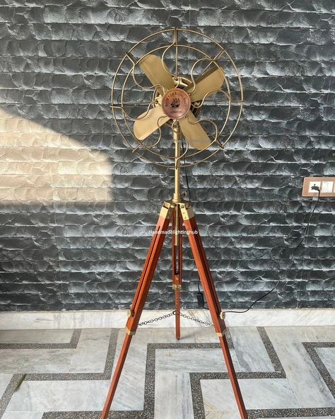 Vintage-Inspired Handmade Electric Floor Fan with Adjustable Wooden Tripod Stand - Antique Brass Finish, Home Office Decor Stand And Deliver, Standing Fans, Antique Flooring, Antique Fans, Pedestal Fan, Retro Fan, Industrial Flooring, Selling Antiques, Floor Fan