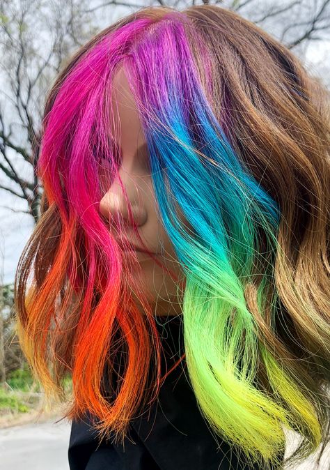 Colourful Money Piece, Rainbow Front Pieces Of Hair, Rainbow Hair Front Pieces, Vivid Color Money Piece, Rainbow Streak Hair, Rainbow Hair With Bangs, Fun Color Money Piece Hair, Colourful Money Piece Hair, Rainbow Color Block Hair